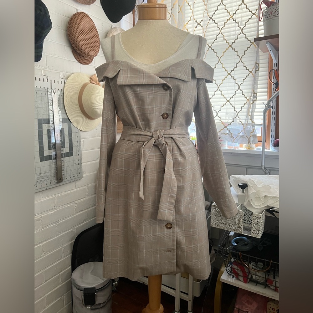 Maje Beige Plaid Off-Shoulder Dress